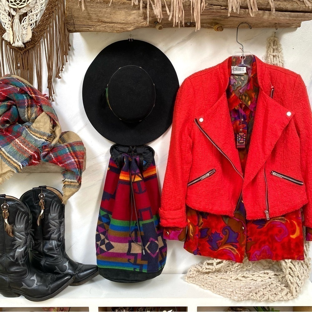 Trendy RED moto style tweed boho jacket w raw edge